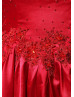 Short Sleeves Beaded Red Lace Satin Vintage Evening Dress